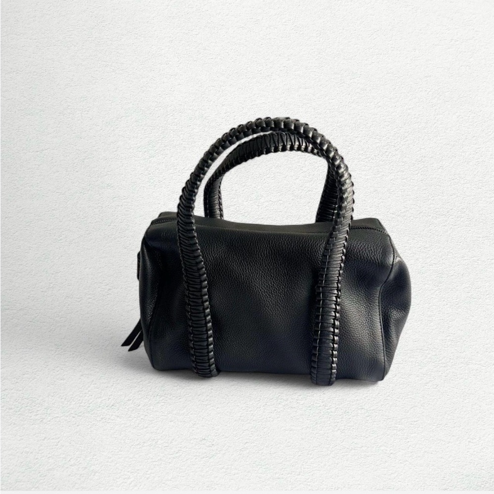 Callista Mini Top Handle Bowling Bag in Black Grained Leather